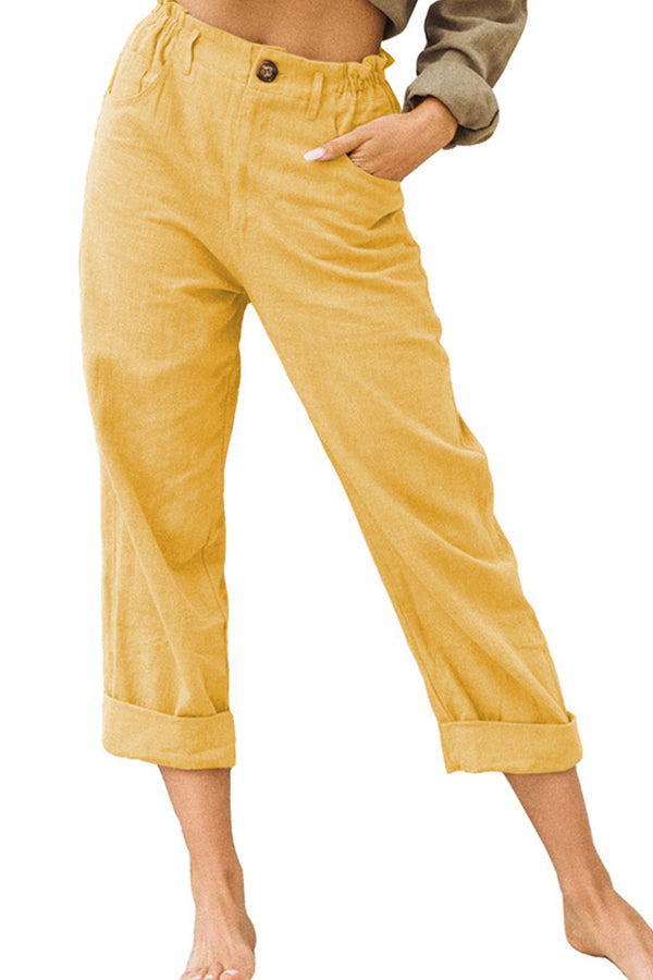 LP | Pantaloni casual a vita alta in cotone e lino tinta unita alla moda