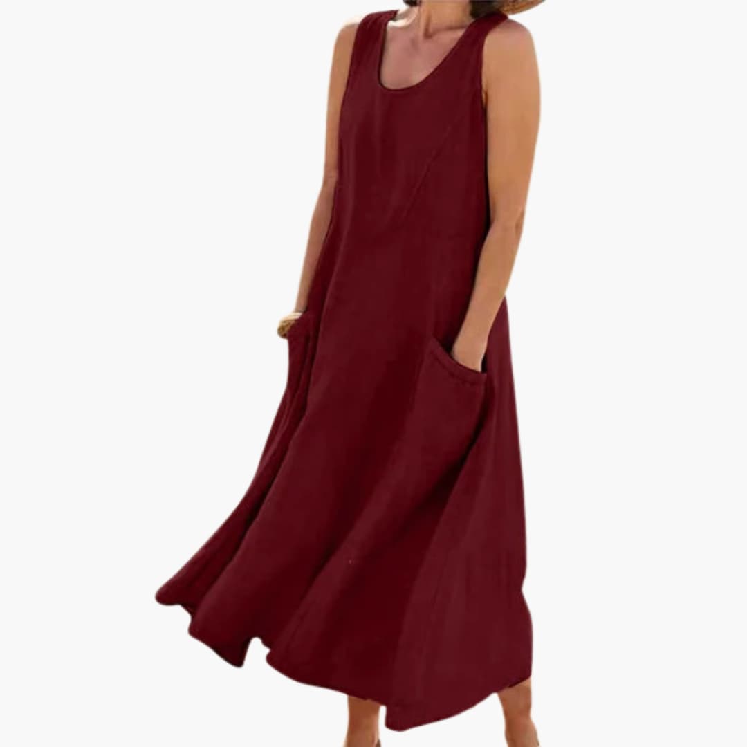 LP | Abito midi senza maniche in lino da donna con scollo rotondo e tasche