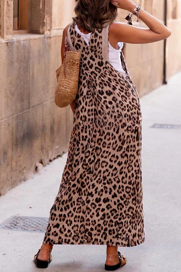 LP | Maxi abito con cinturini patchwork con stampa leopardata