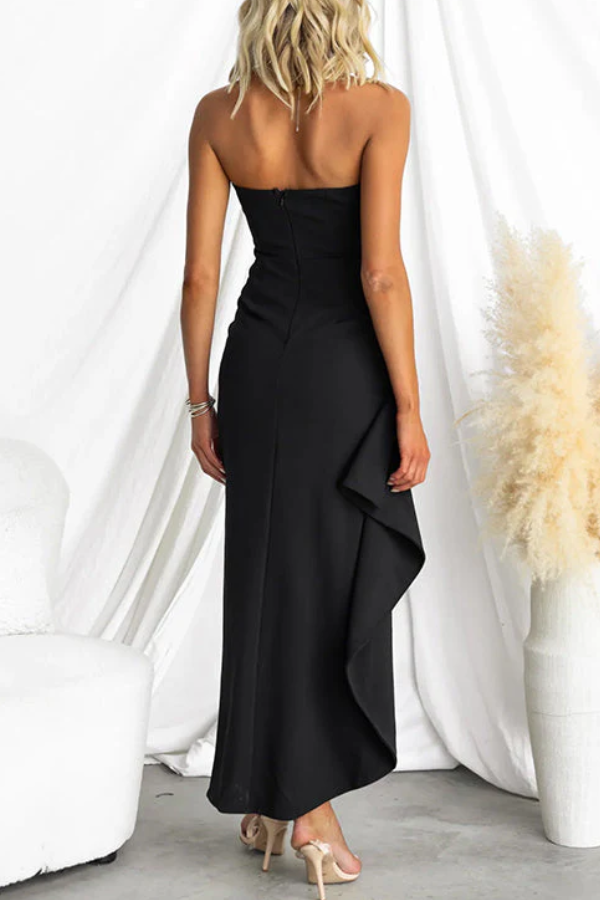 LP | Maxi abito elegante senza spalline con volant e spacco