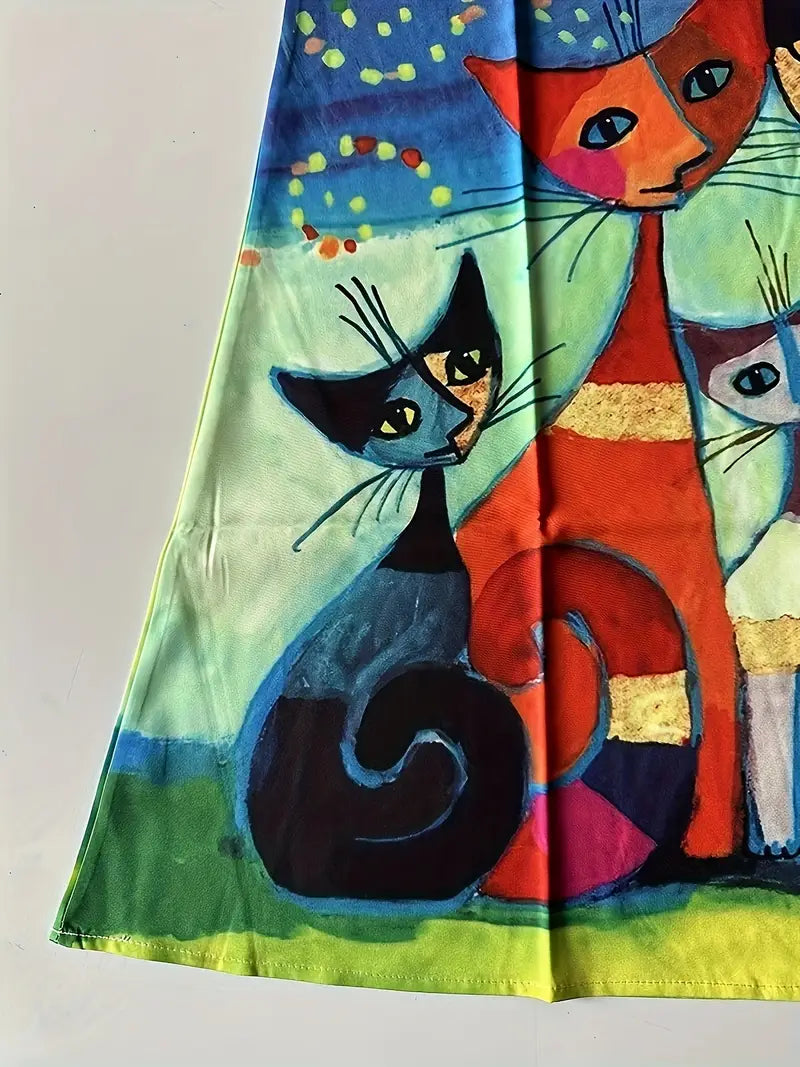 LP | Gatto artistico colorato con scollo a V e abito midi senza maniche per donna