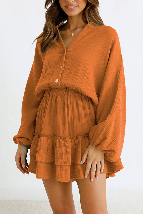 LP | Pulsante manica lunga allentata camicia abito vita elasticizzata gonna volant