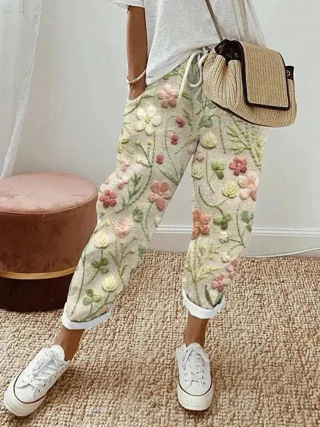 LP | Pantaloni con tasca laterale con stampa di piante fresche