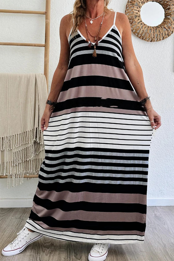 LP | Maxi abito a righe multicolore con scollo a V e cinturino a spaghetti