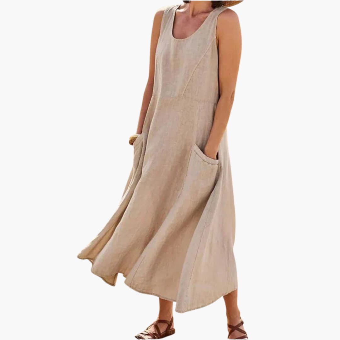 LP | Abito midi senza maniche in lino da donna con scollo rotondo e tasche