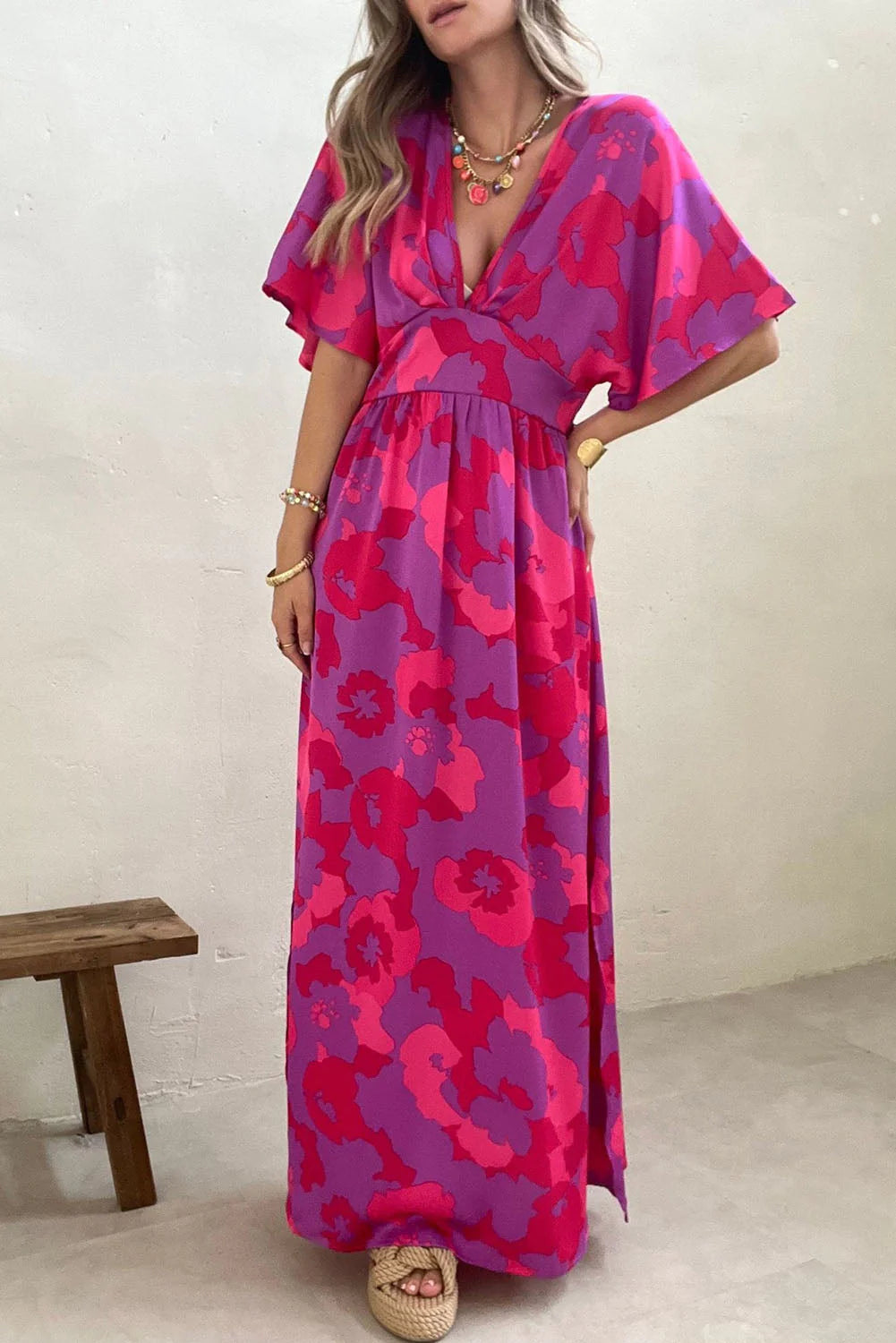 LP | Rose Abstract Floral Print - Maxi abito Dolman con scollatura a V