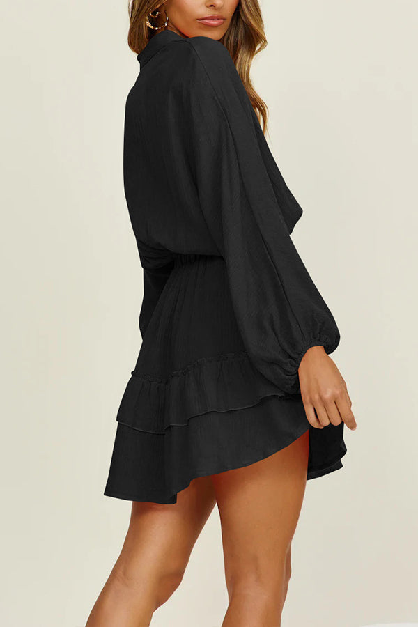 LP | Pulsante manica lunga allentata camicia abito vita elasticizzata gonna volant