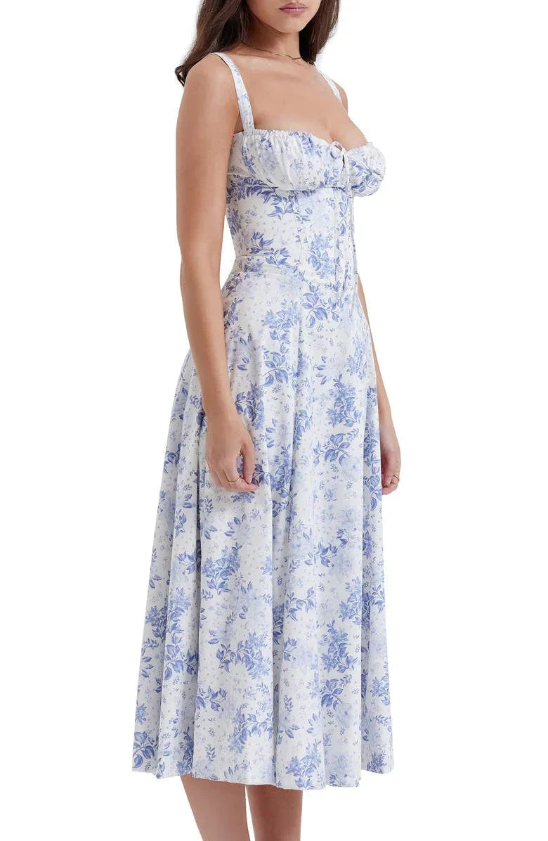 LP | Abito bustier con motivo floreale e cintura in vita