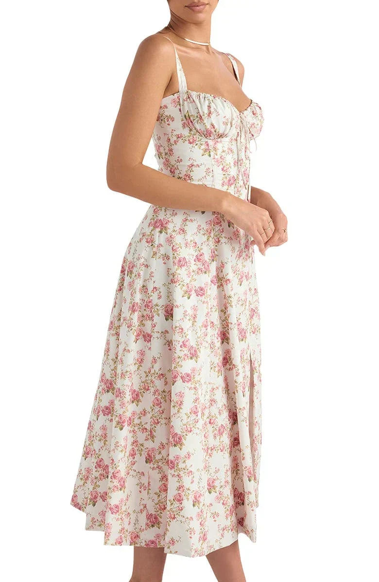 LP | Abito bustier con motivo floreale e cintura in vita