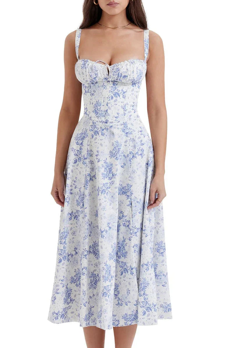 LP | Abito bustier con motivo floreale e cintura in vita