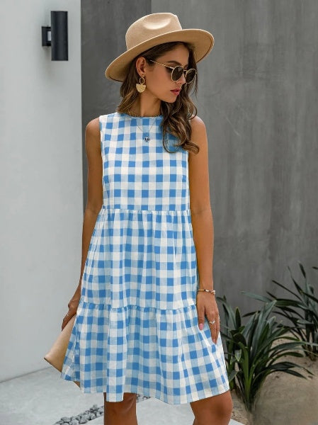 LP | Abito da donna aderente con scollo rotondo alla moda e gonna a quadri color pastello