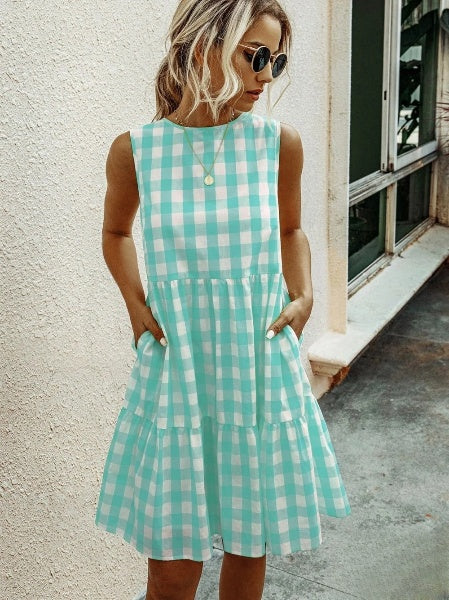 LP | Abito da donna aderente con scollo rotondo alla moda e gonna a quadri color pastello