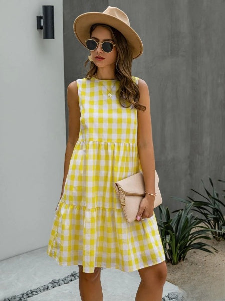 LP | Abito da donna aderente con scollo rotondo alla moda e gonna a quadri color pastello