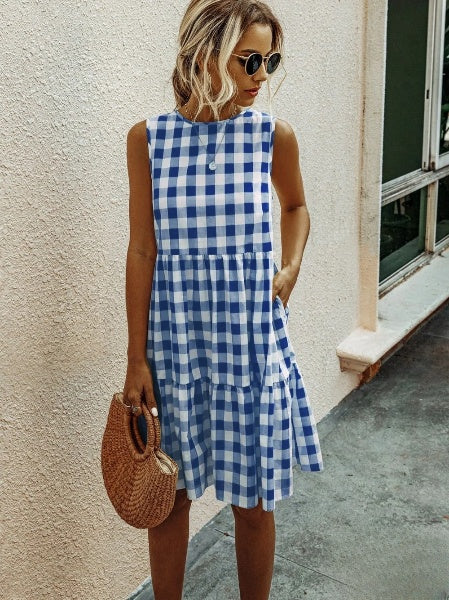 LP | Abito da donna aderente con scollo rotondo alla moda e gonna a quadri color pastello