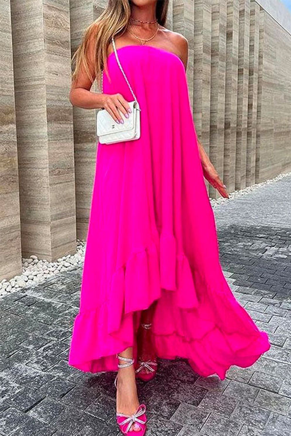LP | Maxi abito senza maniche, off-the-shoulder, irregolare con ruches