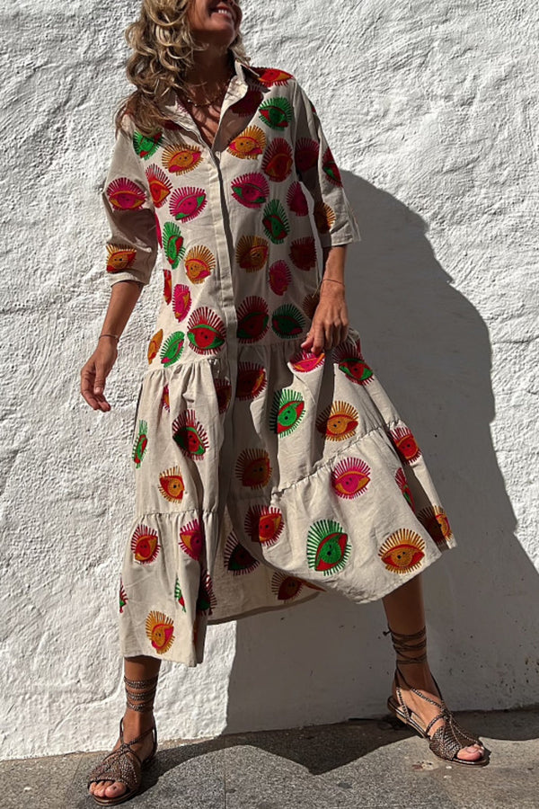 LP | Portami a Cabo Stampa etnica unica Pulsante Camicia allentata Midi Dress