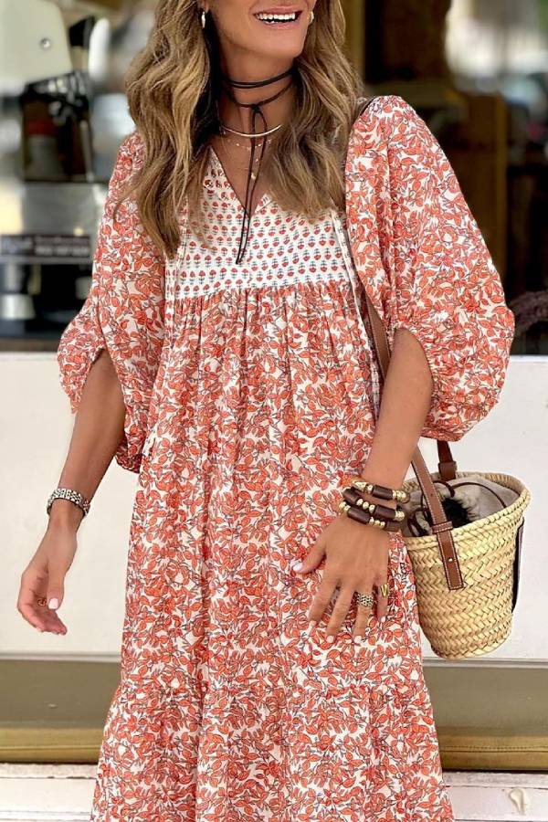 LP | Boheme Lifestyle Maxi abito stampato con maniche a sbuffo