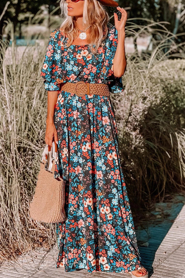 LP | Sky Blue Boho Floral Print Knotted Backless Maxi Dress (Maxi abito senza schienale)