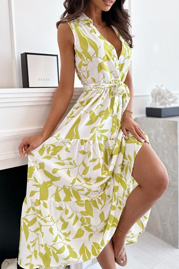 LP | SILHOUETTE VEGETALE STAMPATA CON CINTURA ABITO CAMICIA MIDI