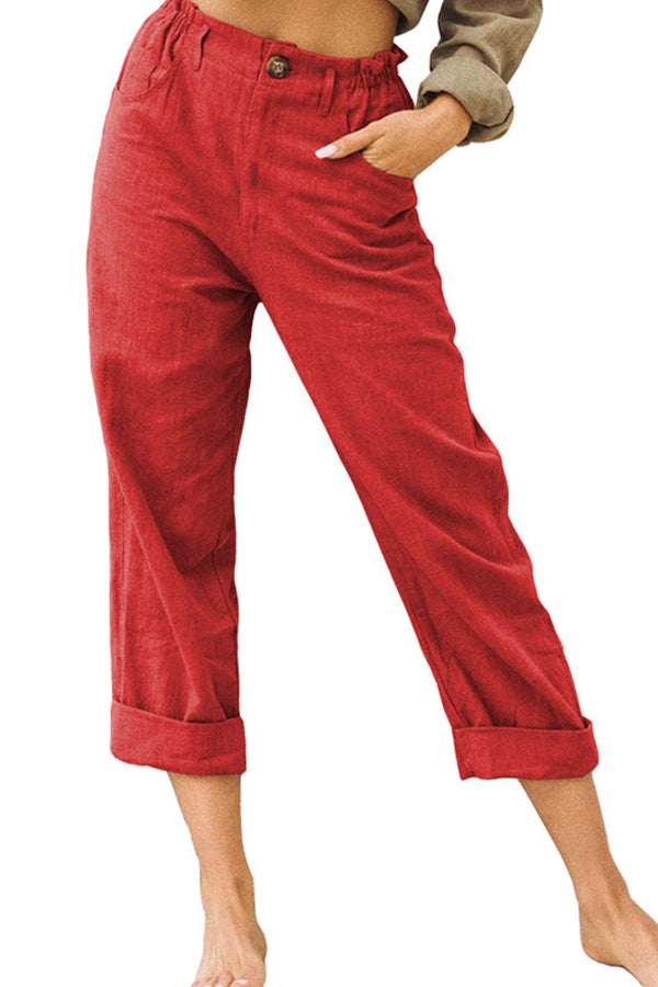 LP | Pantaloni casual a vita alta in cotone e lino tinta unita alla moda