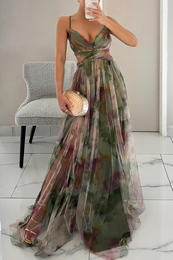 LP | Donita- Elegante abito lungo con allacciatura e stampa