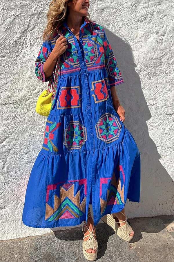 LP | Portami a Cabo Stampa etnica unica Pulsante Camicia allentata Midi Dress