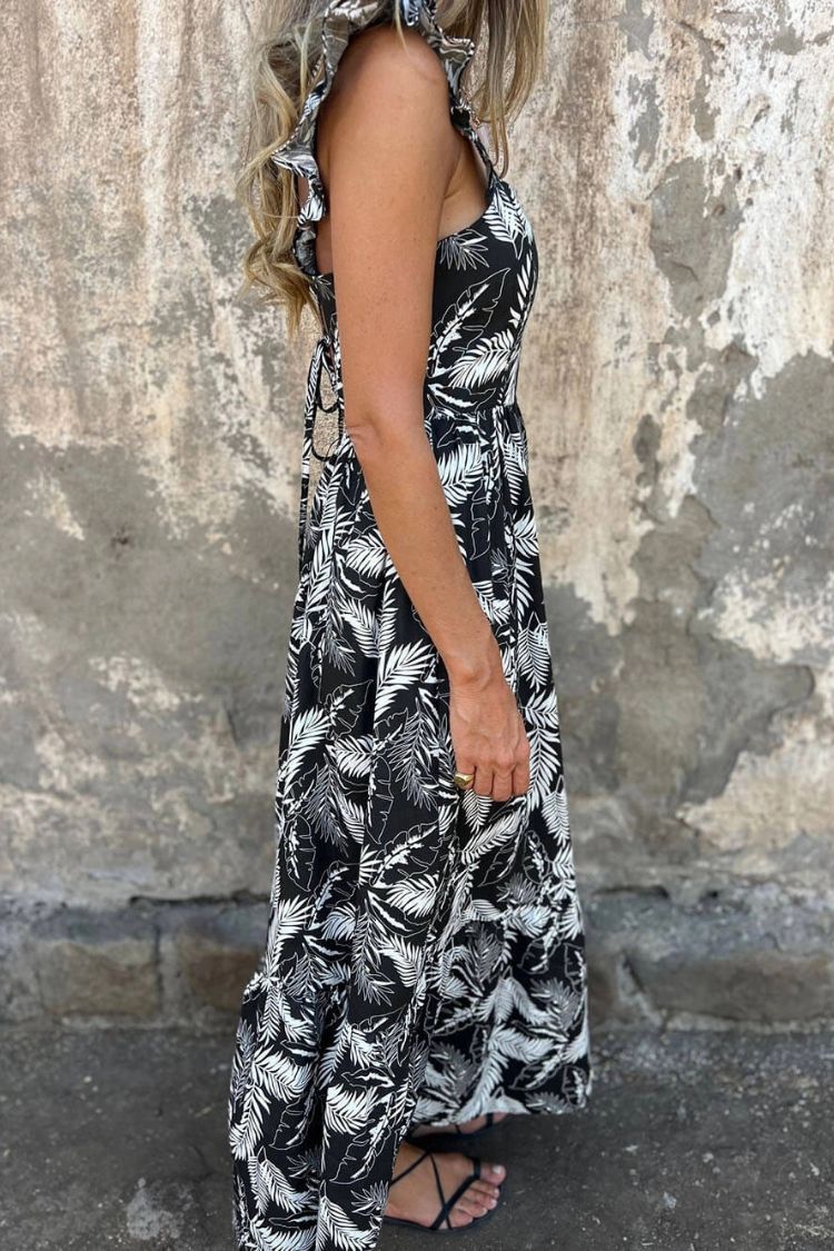 LP | Elegante abito maxi con stampa di piume e manica a balze