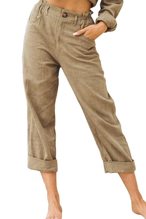 LP | Pantaloni casual a vita alta in cotone e lino tinta unita alla moda