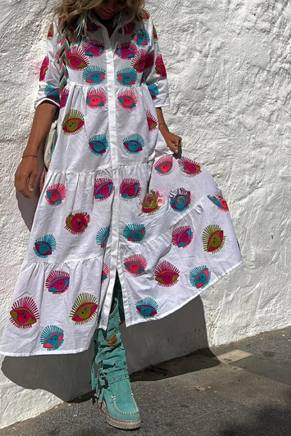 LP | Portami a Cabo Stampa etnica unica Pulsante Camicia allentata Midi Dress