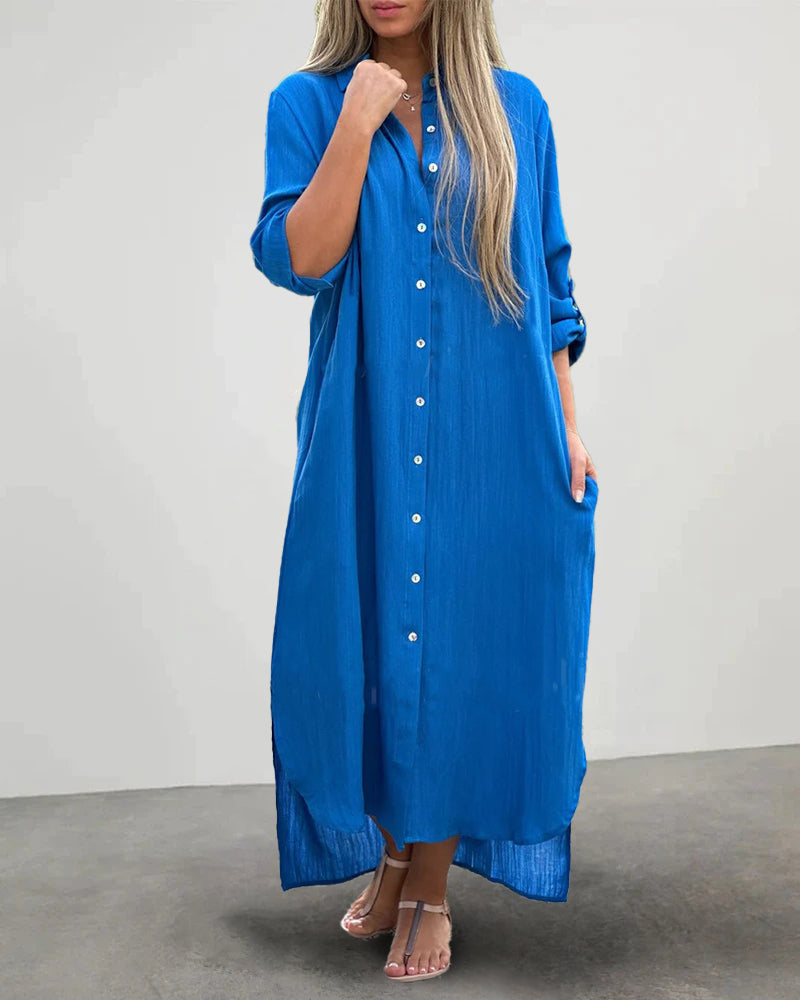LP | Casual collare pulsante tasca manica lunga camicia abito