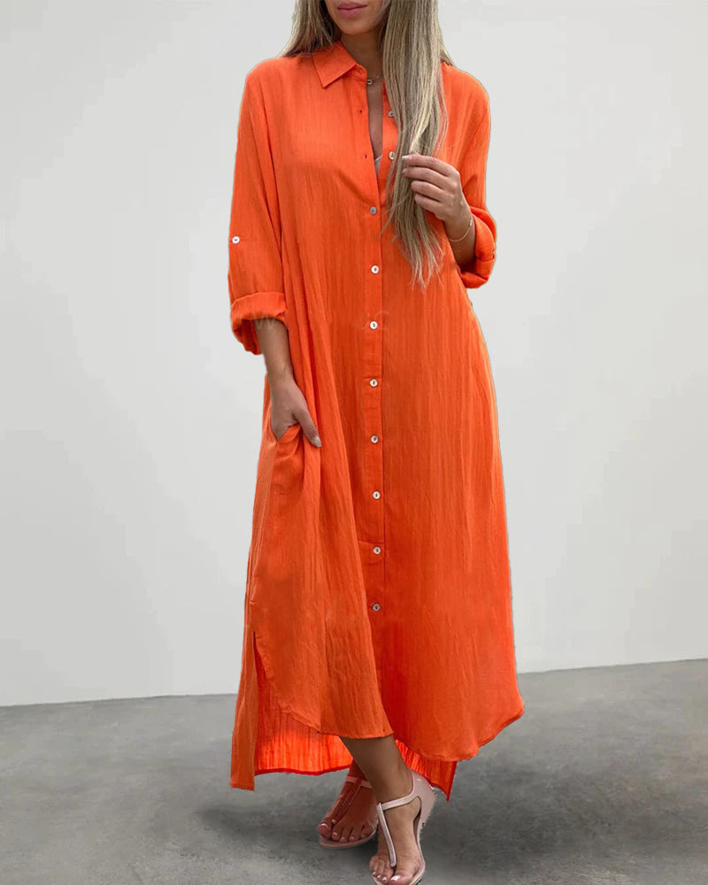 LP | Casual collare pulsante tasca manica lunga camicia abito