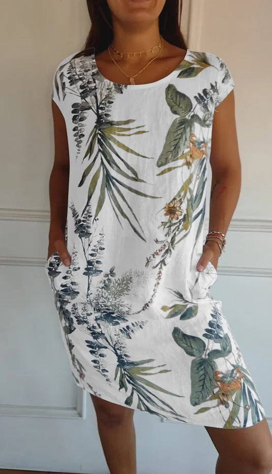 LP | Abito da donna in cotone e lino stampato con scollo rotondo
