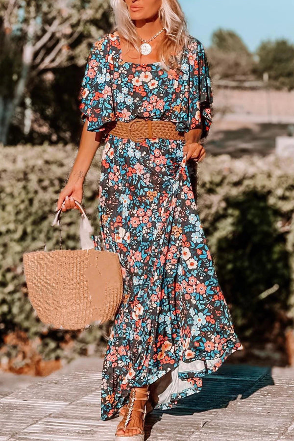 LP | Sky Blue Boho Floral Print Knotted Backless Maxi Dress (Maxi abito senza schienale)