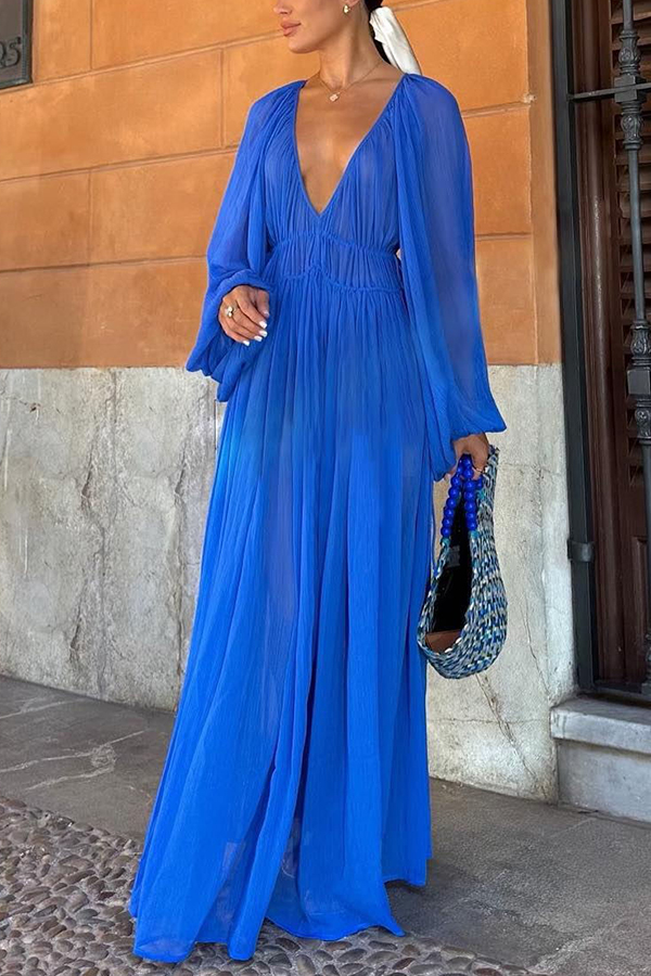 LP | Maxi abito in chiffon con gemme blu e vita arricciata