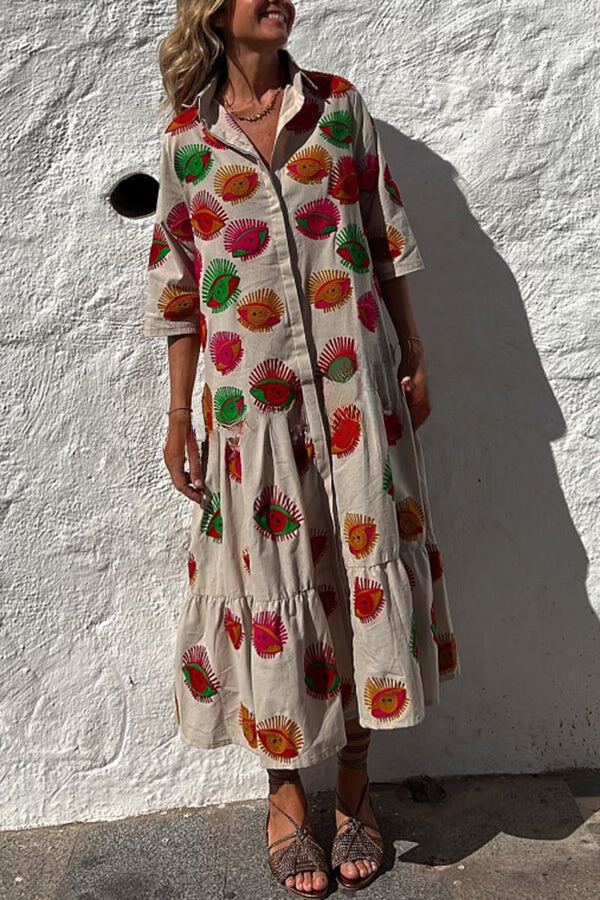 LP | Portami a Cabo Stampa etnica unica Pulsante Camicia allentata Midi Dress