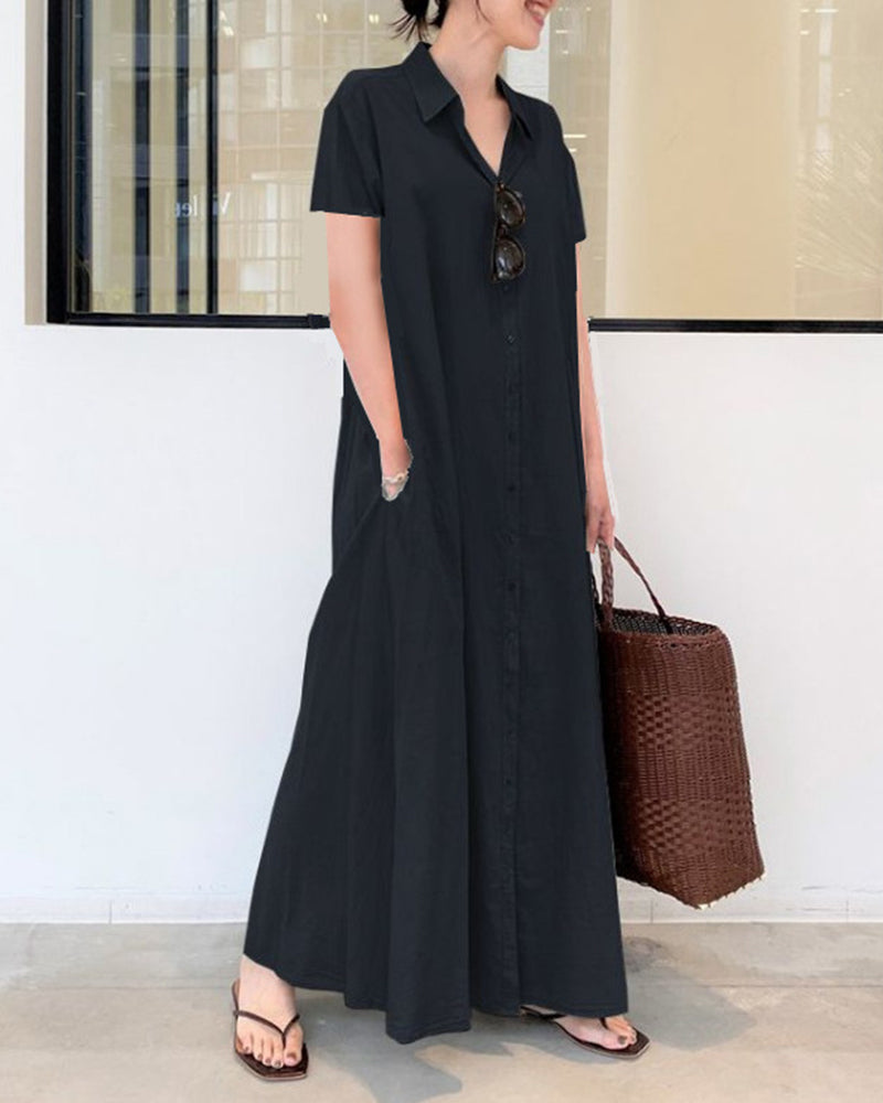 LP | Vestito da spiaggia allentato casual a manica corta Colore solido Temperamento allentato Vestito a camicia lunga