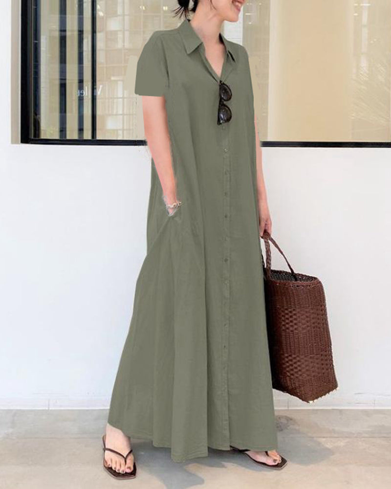 LP | Vestito da spiaggia allentato casual a manica corta Colore solido Temperamento allentato Vestito a camicia lunga