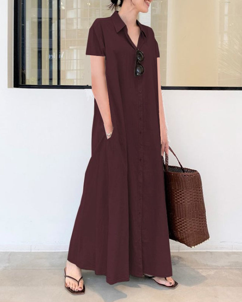 LP | Vestito da spiaggia allentato casual a manica corta Colore solido Temperamento allentato Vestito a camicia lunga