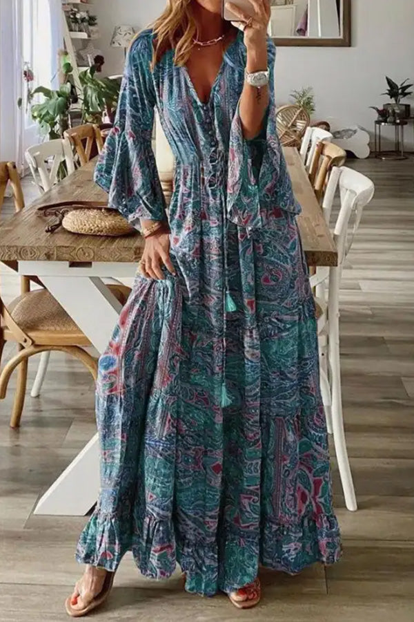 LP | Maxi abito a maniche lunghe con scollo a V e stampa Peris per le vacanze