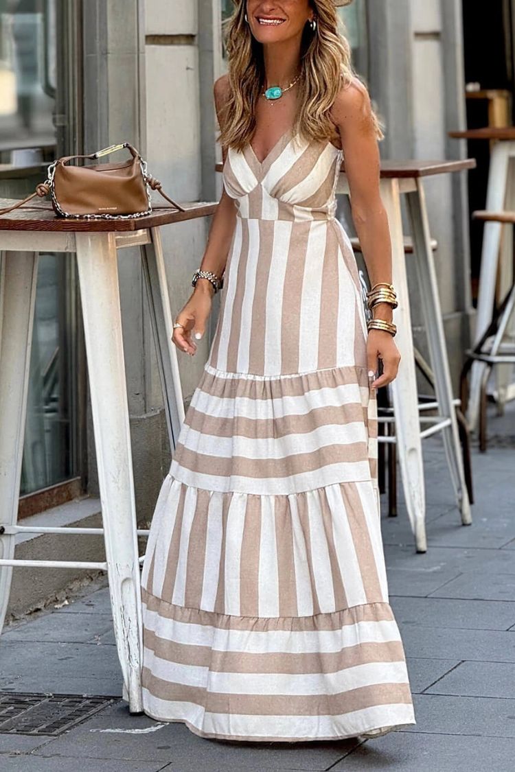 LP | estate stampa a righe patchwork arruffato maxi abito senza schienale