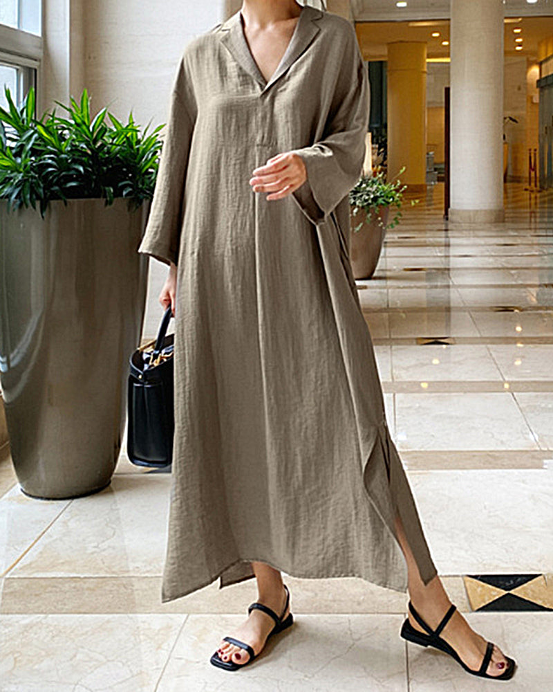 LP | Vestito di camicia estivo di colore solido allentato e a maniche lunghe con scollo a V