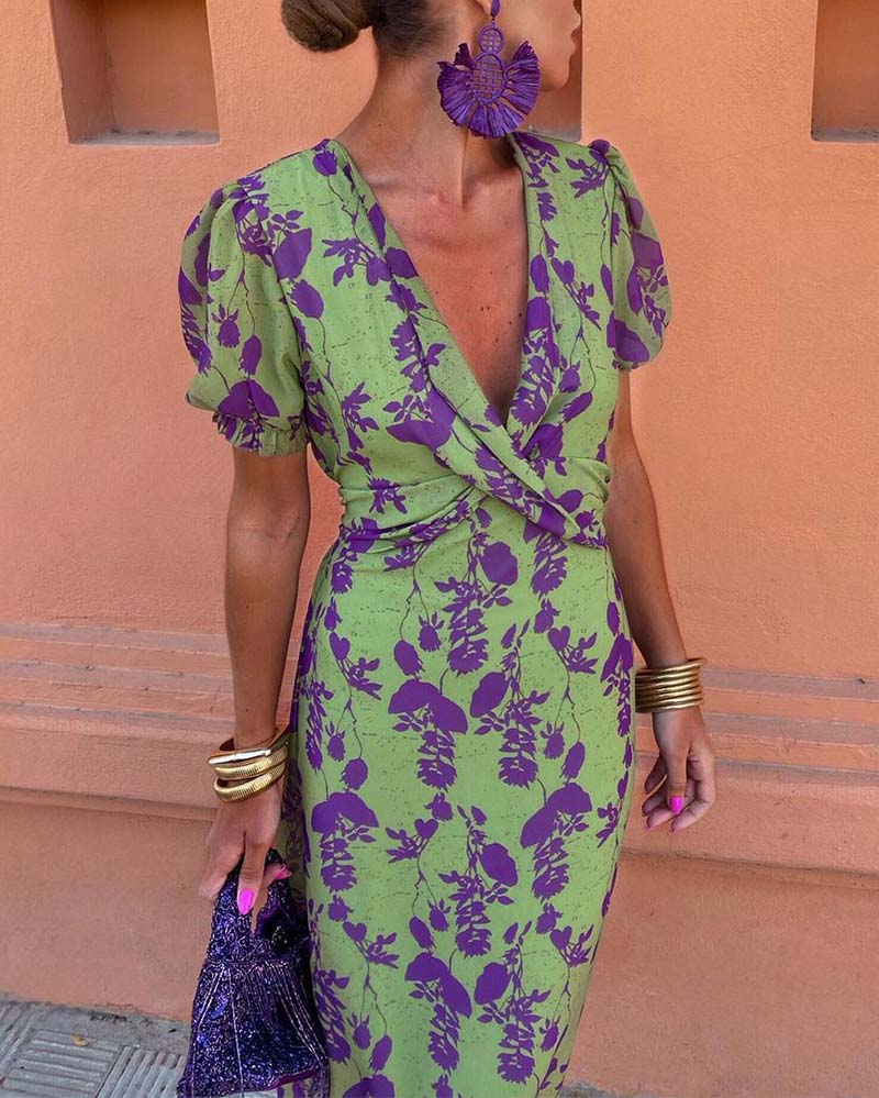 LP | Abito midi floreale vintage con maniche a sbuffo