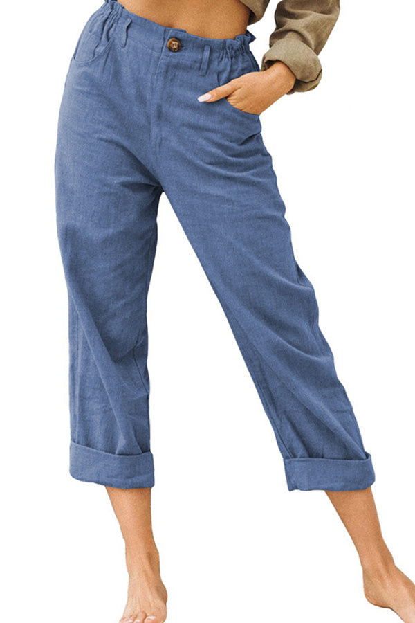 LP | Pantaloni casual a vita alta in cotone e lino tinta unita alla moda