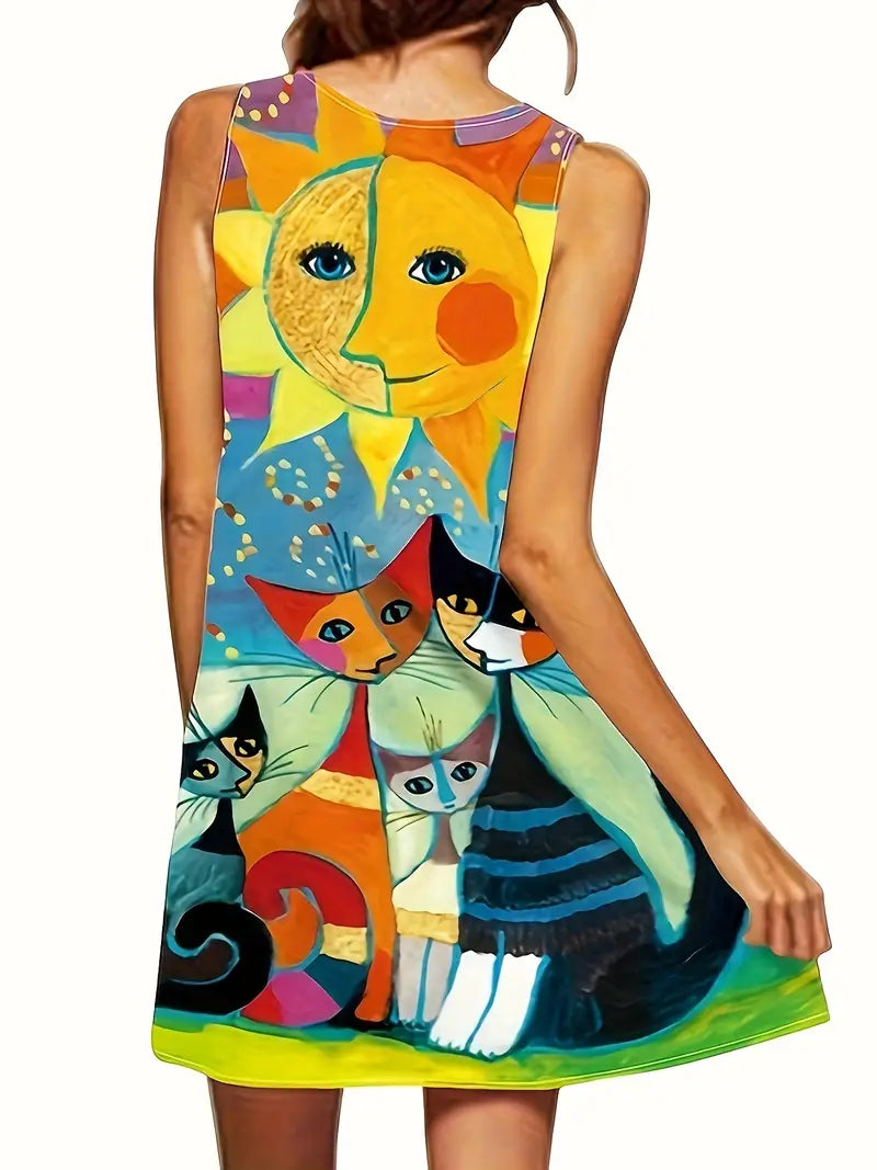 LP | Gatto artistico colorato con scollo a V e abito midi senza maniche per donna