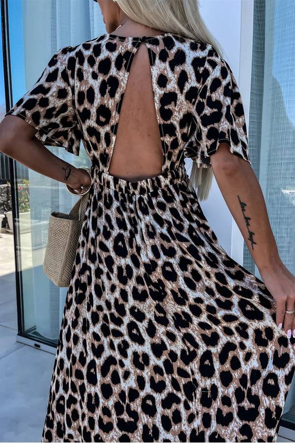 LP | Khaki Leopard Maxi abito aperto sul retro con scollo a V e vita alta