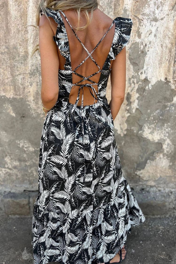 LP | Elegante abito maxi con stampa di piume e manica a balze
