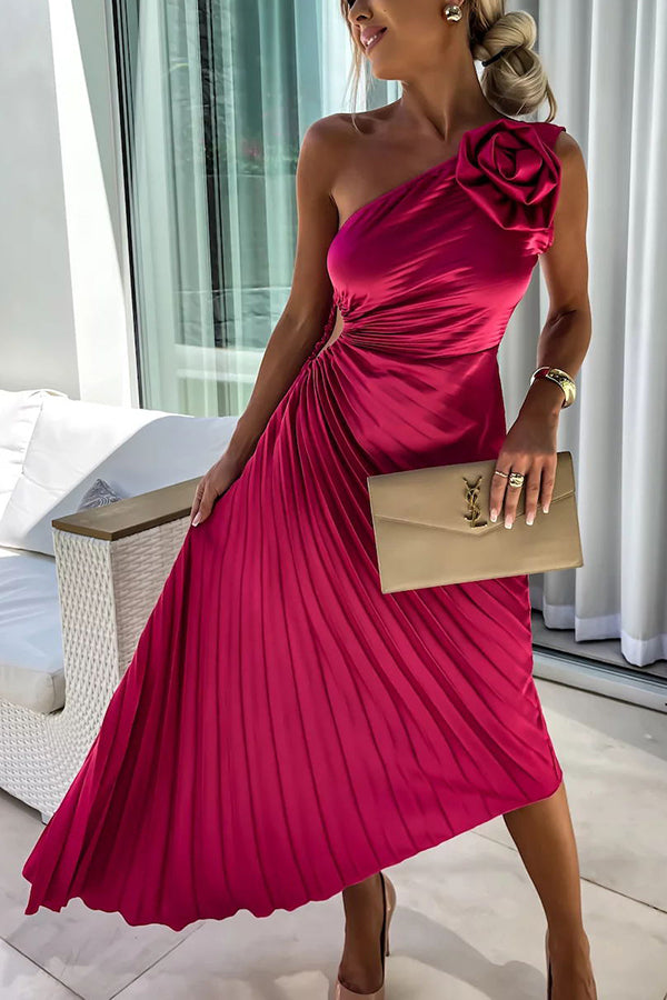 LP | Romantic Nights Maxi abito monospalla plissettato in raso con fiori in rilievo e scollatura elastica