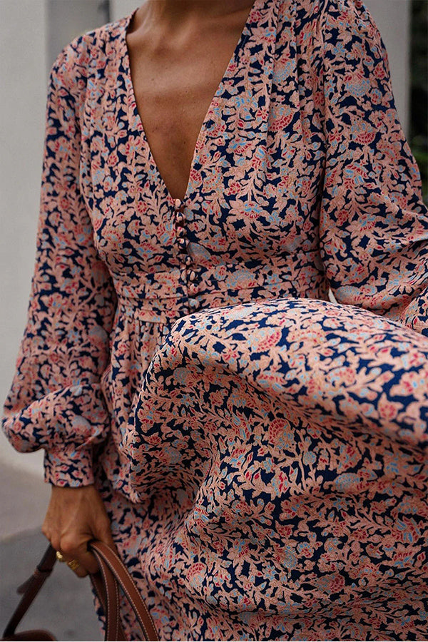 LP | Maxi abito abbottonato con stampa floreale multicolore e scollatura profonda