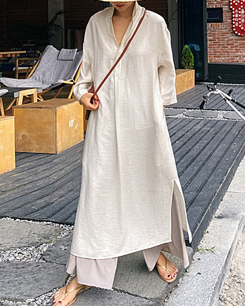 LP | Vestito di camicia estivo di colore solido allentato e a maniche lunghe con scollo a V