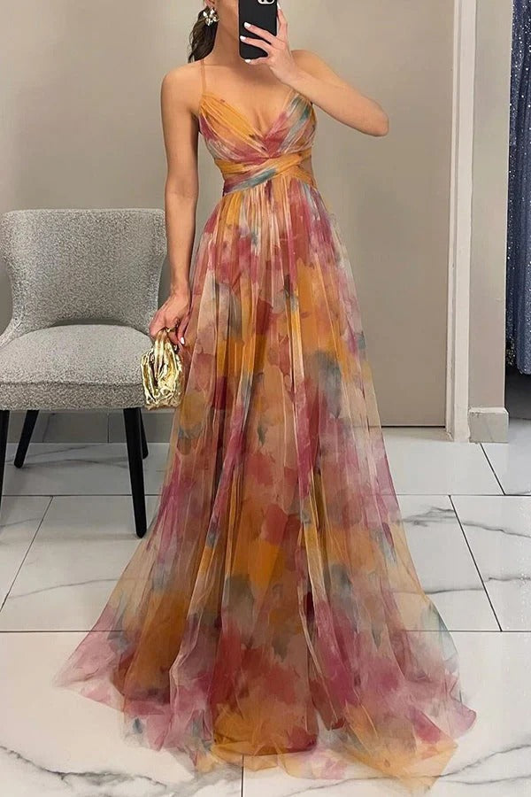 LP | Giselle Tulle Render Stampa Floreale Tagliato in Vita Indietro Allacciato Maxi Abito